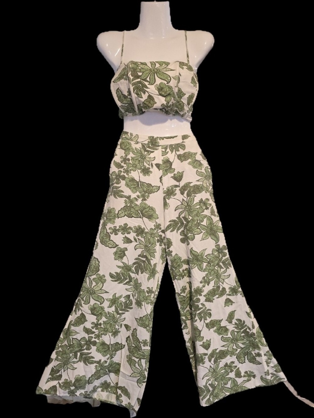 Midnight Sky Crop Top & Wide-Leg Set - Green Floral With Pockets